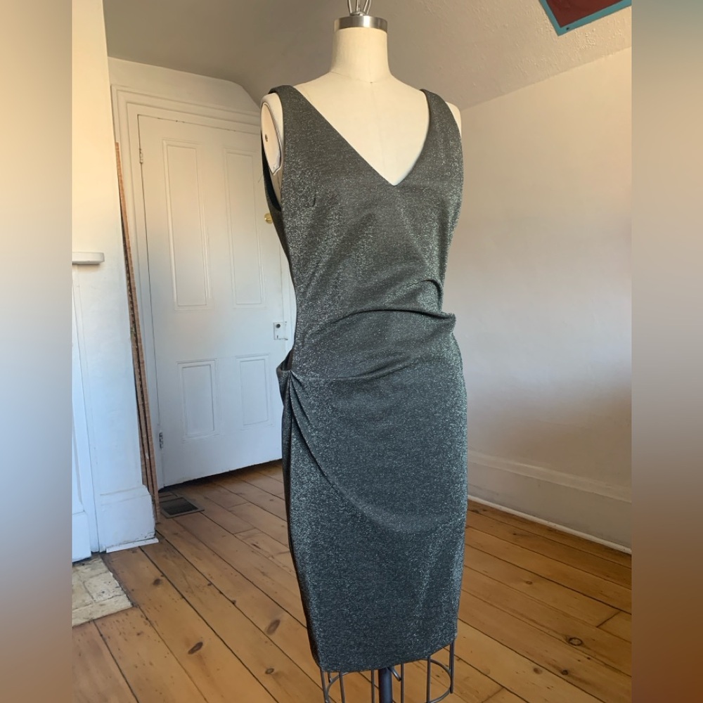 Nicole Miller Sparkle Evening Dress Charcoal Metallic Draped Large